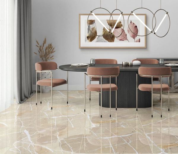 Sala de jantar com piso marmorizado bege de alto brilho
