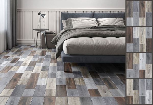 Quarto com piso amadeirado em tons variados de madeira